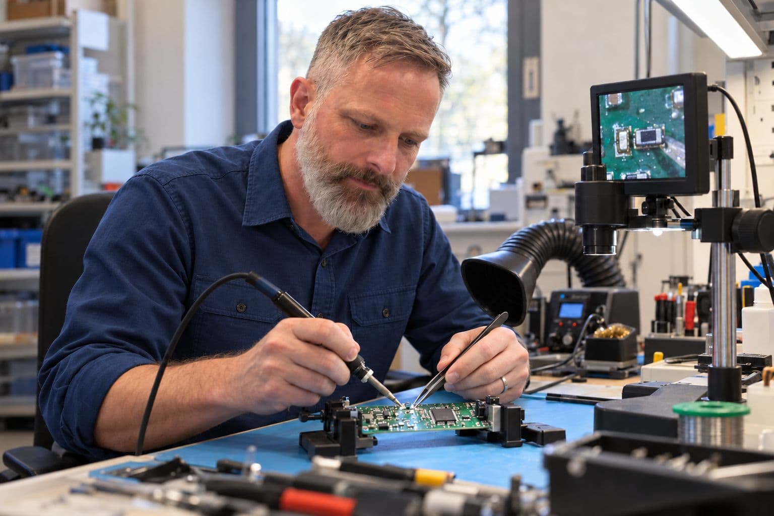SMD-Lötarbeiten an einer Platine unter dem Mikroskop